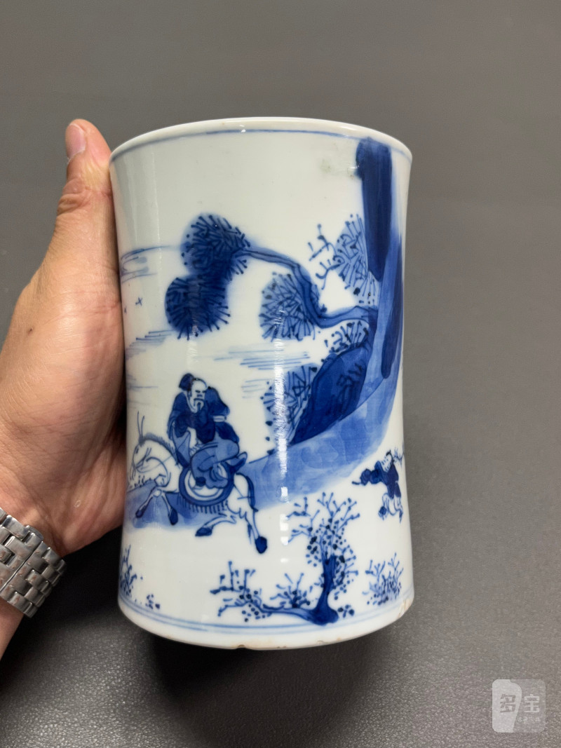 清康熙  青花踏雪寻梅图笔筒 - 图9